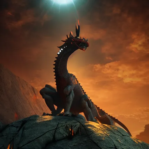 Image similar to you won't believe it, i just saw a huge dragon, it's very huge, it is seen guarding the sun infront of it, it is very huge, modernism, digital art, fantasy art, trending on artstation, octane render, 3 d, volumetric lightening, lossless quality