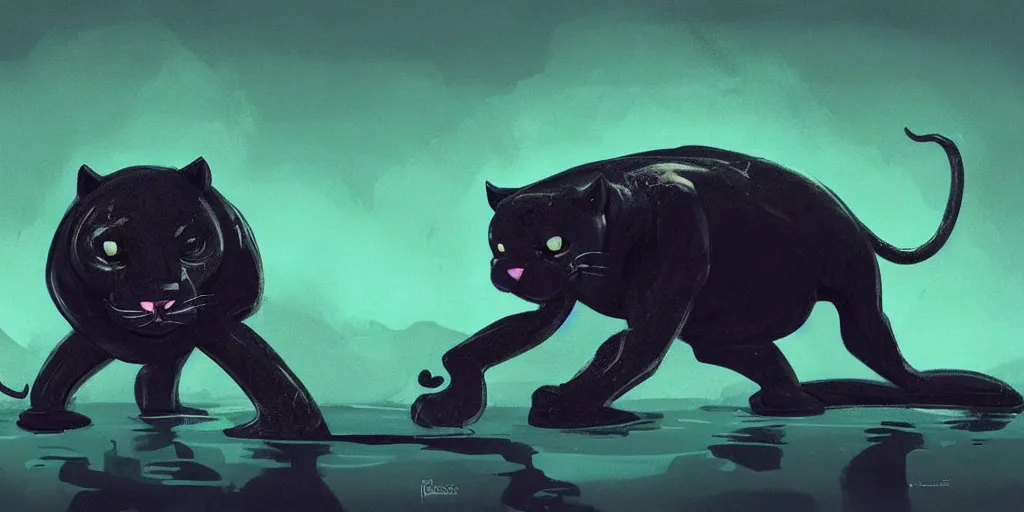 Image similar to a panther, made of smooth black goo, bathing in the tar lake, viscous, sticky, full of tar, covered with black goo. concept art, painting, animal drawing, wildlife photography, black goo, cinematic, in the style of cory loftis