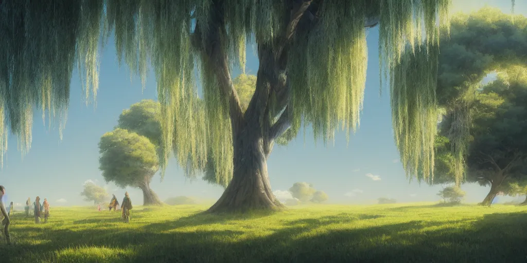 Image similar to willow tree, matte oil painting, highly detailed, hyperrealistic, cinematic, breathtaking, beautiful composition, Mokoto Shinkai, Studio Ghibli, Dan Mumford, James Jean, volumetric lighting, octane render, 4K resolution, trending on artstation