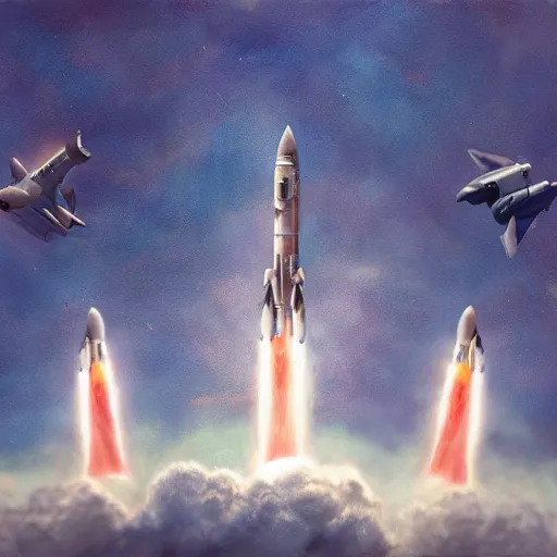 Image similar to a group of rockets taking off in the sky, realistic painting, high definition, digital art, matte painting, very detailed, realistic