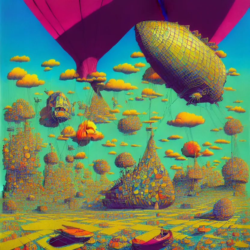 Prompt: surreal glimpse into other universe, zeppelin, island, summer morning, very coherent and colorful high contrast, art by! gediminas pranckevicius! geof darrow, pastel color, volumetric lighting, cinematic, floralpunk screen printing woodblock, dark shadows, hard lighting, stippling art