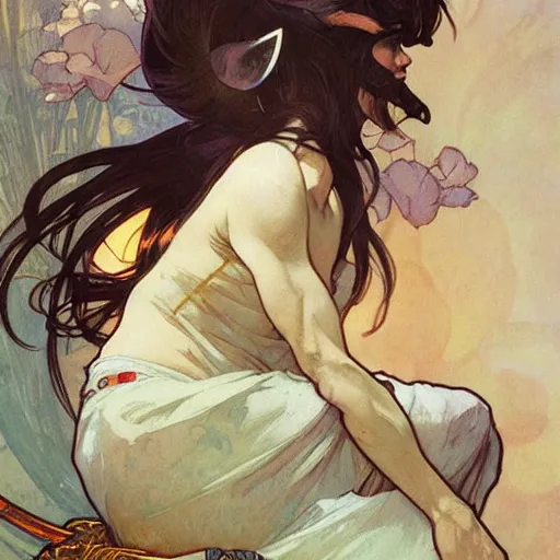 Image similar to Portrait of a pretty fantasy catboy with cat ears. Art by Greg Rutkowski and Alphonse Mucha