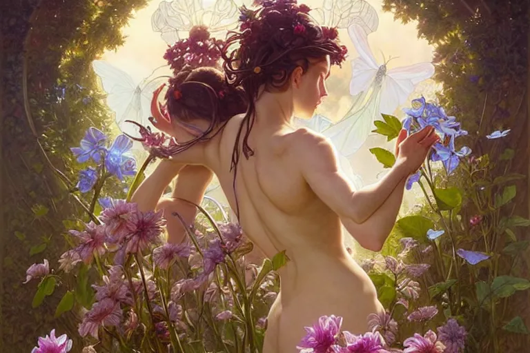 Image similar to the platonic ideal of flowers, growing, insects and praying of ubermench, mix of a woman and a man, d & d, fantasy, ego death, decay, dmt, psilocybin, art by artgerm and greg rutkowski and alphonse mucha