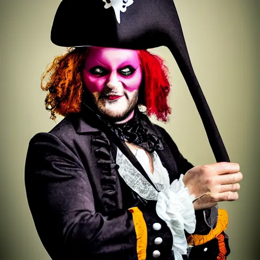 Prompt: grim-hatter, professional photoshoot, pirate on the black pearl, neochrome acid colors