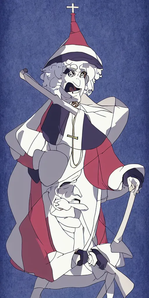 Image similar to the pope drawn by studio trigger, in the style of Little Witch Academia, spiritual enlightenment