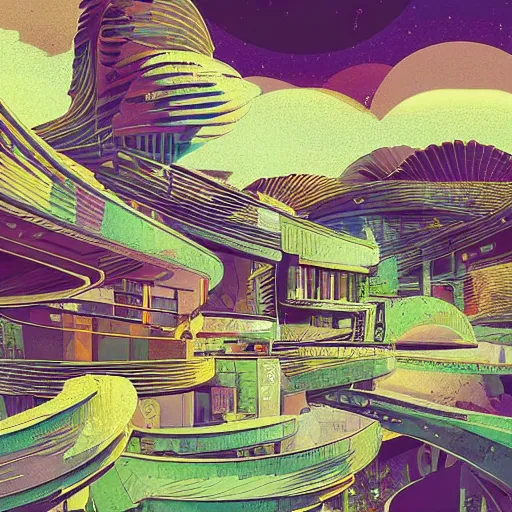 Prompt: beautiful happy picturesque charming organic utopian futuristic sci - fi town integrated in nature. beautiful light. grainy and rough. soft colour scheme. beautiful artistic vector graphic design art by lurid. ( 2 0 2 2 )