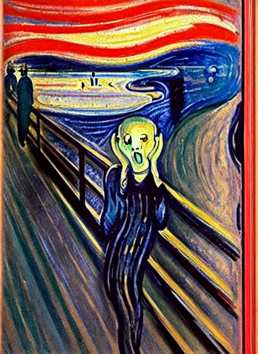 Prompt: oil painting of The Scream !!taking a seflie!! with an iPhone!! by Edvard Munch