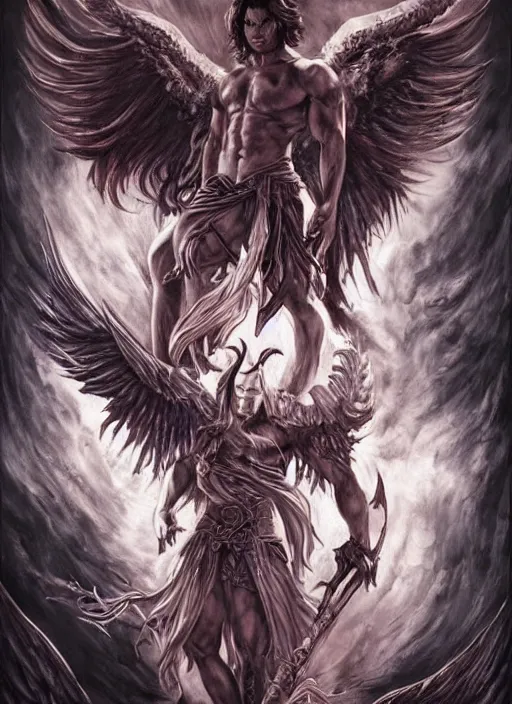 Image similar to attractive Sam Winchester as a muscular angel with demon wings wide open, whole body tattooed with runes and satanic symbols, D&D!, fantasy style, sharp focus!, ultra detailed, art by Artgerm and Peter Andrew Jones, WLUP