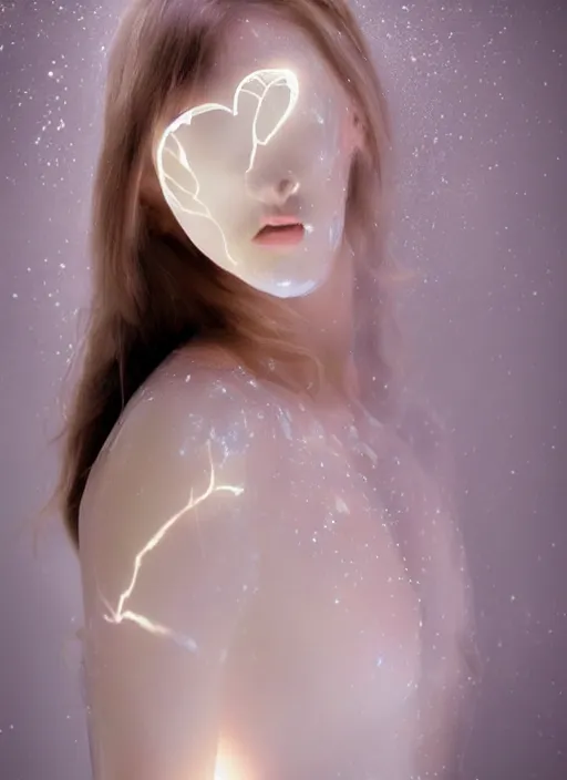 Image similar to beautiful girl with translucent skin heart made of ice glowing from beneath the skin, Oregon's glowing, professional photography, science fiction, biblical