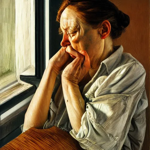 Image similar to high quality high detail painting by lucian freud, hd, crying young woman portrait by the window, photorealistic lighting