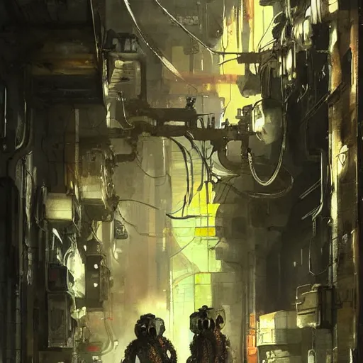 Image similar to Octopus in a hallway, cyberpunk, realistic, detailed, Industrial Scifi, paint, watercolor, in the style of Ashley Wood and Wadim Kashin