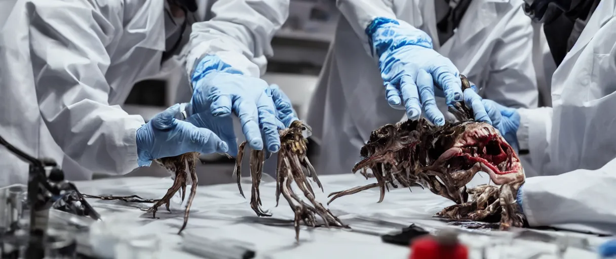 Image similar to filmic dutch angle extreme closeup movie still 4 k uhd 3 5 mm film color photograph of hands wearing surgical gloves dissecting a deceased mysterious grotesque alien specimen in a lab