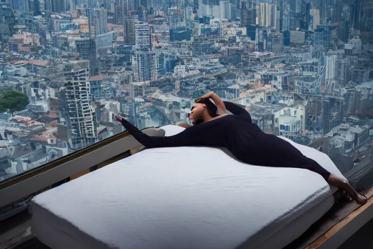 Image similar to a woman laying down on a flying mattress, she is looking down on the buildings far below her, uhd, 8 k, dreamy, photo, hyper detailed, photorealistic, trending on artstation.