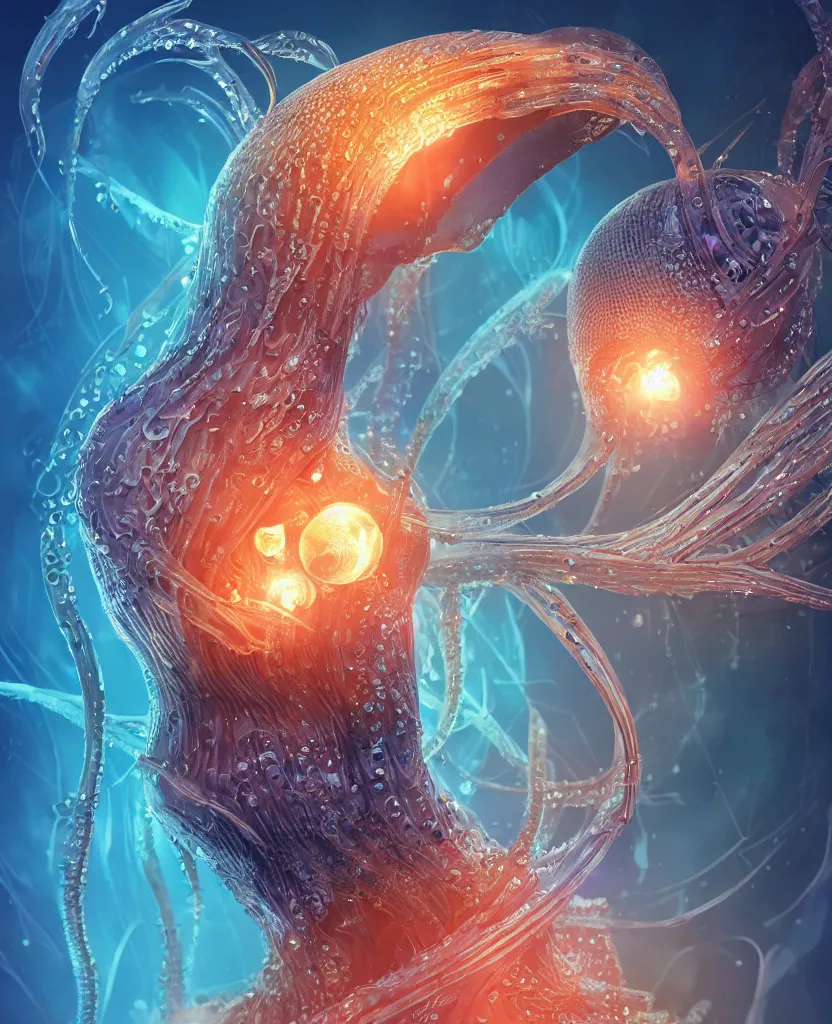 Image similar to close-up macro portrait of the face of a beautiful princess, epic angle and pose, symmetrical artwork, 3d with depth of field, blurred background, cybernetic jellyfish phoenix bird, translucent, nautilus, energy flows of water and fire. a highly detailed epic cinematic concept art CG render. made in Maya, Blender and Photoshop, octane render, excellent composition, cinematic dystopian brutalist atmosphere, dynamic dramatic cinematic lighting, aesthetic, very inspirational, arthouse. y Greg Rutkowski, Ilya Kuvshinov, WLOP, Stanley Artgerm Lau, Ruan Jia and Fenghua Zhong