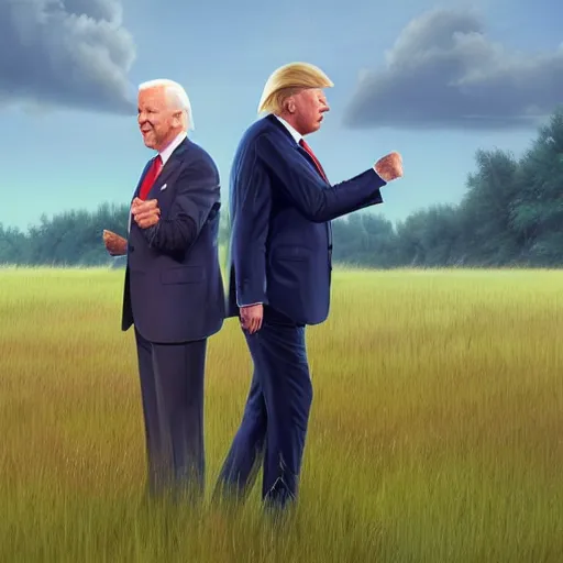 Prompt: A highly detailed photorealistic full portrait of Joe Biden and Donald Trump frolicking in the field by Simon Stalenhag and Thomas Kinkaid, Octane render, trending on cgsociety, HDR, 8K I cant believe how accurate this is