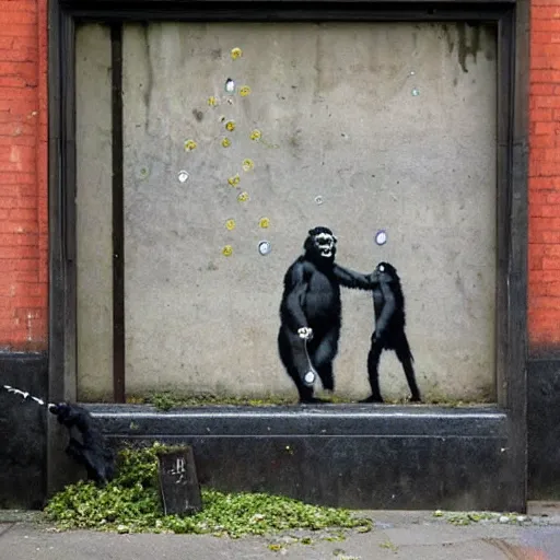 Image similar to display of 2 apes holding champaign bottles, money falling from the sky, made by banksy