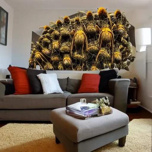 Image similar to Horrifying giant bugs in a small cramped living room, ominous, 4K, high octane,