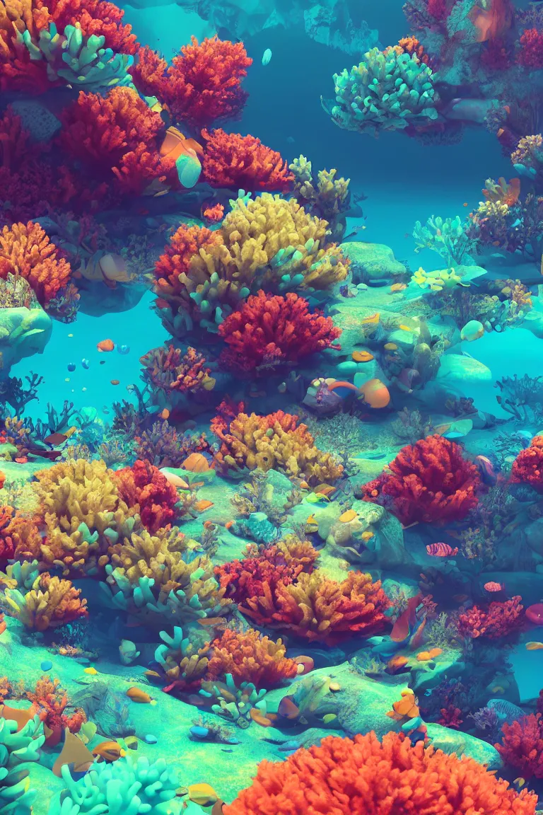 Image similar to mesmerizing underwater neon coral reef landscape magical realism painting with sun rays coming from above, neon pastel colors, octane render, maya, cinema 4d