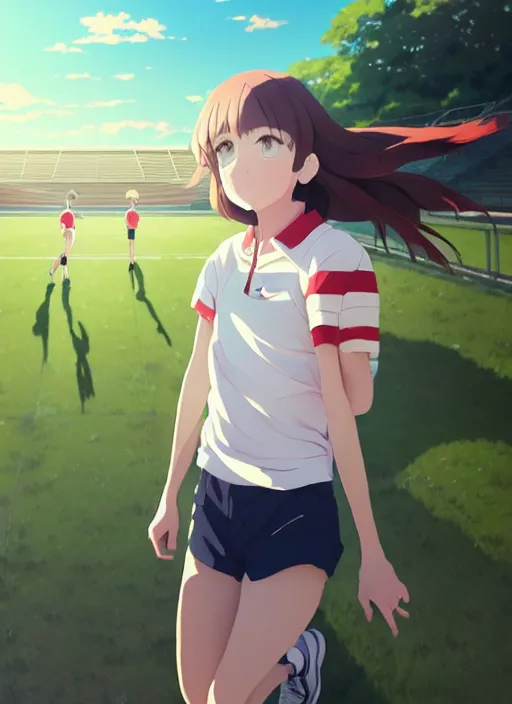 Image similar to portrait of high school runner girl, sunny sky background stadium landscape illustration concept art anime key visual trending pixiv fanbox by wlop and greg rutkowski and makoto shinkai and studio ghibli and kyoto animation symmetrical facial features short down hair sports clothing marathon race sponsors nike shirt