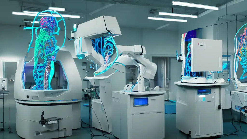 Image similar to a complex bifurcated surgical arm hybrid mri 3 d printer machine making colorful mutant forms with control panels in the laboratory inspection room, film still from the movie directed by denis villeneuve with art direction by salvador dali, wide lens