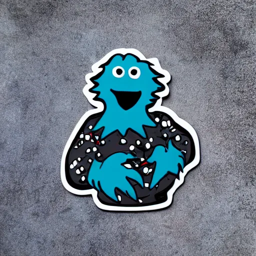 Prompt: die cut sticker, the cookie monster in techwear, splatter paint