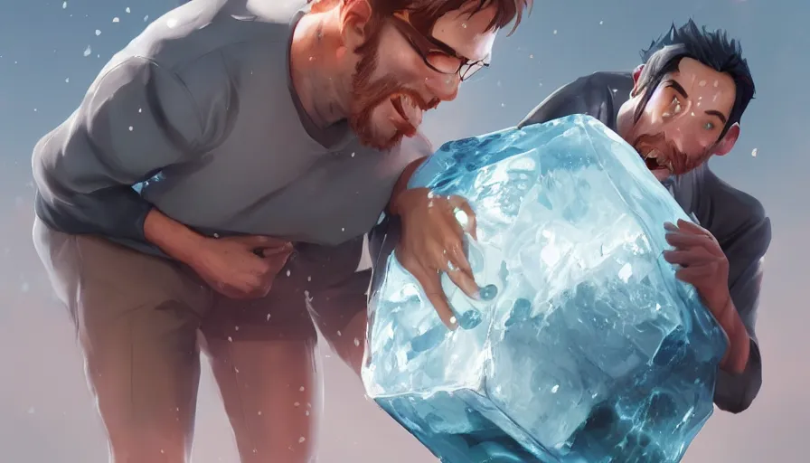 Image similar to a guy hugging a huge ice cube to cool off on a hot summer day, hyperdetailed, artstation, cgsociety