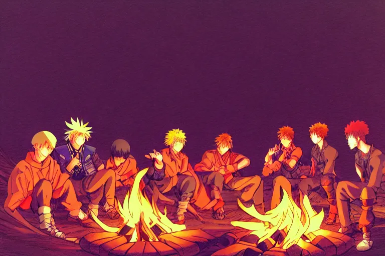 Image similar to cel shaded study of a group of anime warriors sitting around a campfire at night, key visual with intricate linework, in the style of moebius, ayami kojima, 9 0's anime, retro fantasy