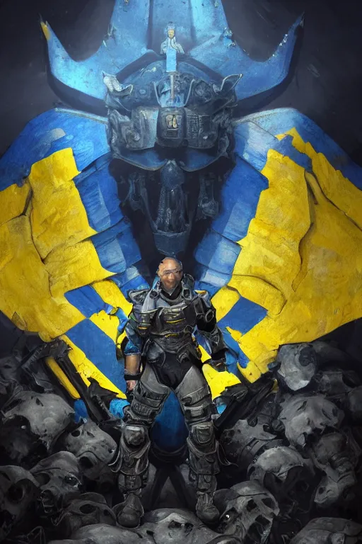 Prompt: A military super soldier with wings with a blue and yellow flag behind him is standing on a pile of skulls in triumph, concept art, сinematic lighting, insanely detailed, smooth, sharp focus, Artstation, 8k, unreal engine, hyper realistic, steampunk style, bright background, moonlight, volumetric lighting, wallpaper, digital illustration by Ruan Jia and Mandy Jurgens and Artgerm and Wayne Barlowe and Greg Rutkowski and Zdislav Beksinski