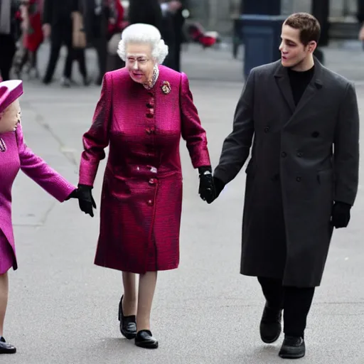 Image similar to pete davidson walking on the street, holding hands with queen elizabeth, candid photo