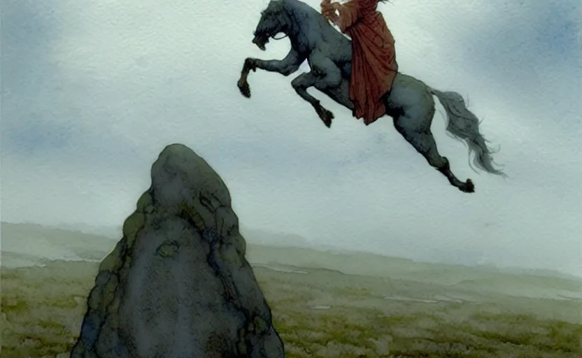 Prompt: a hyperrealist watercolour character concept art portrait of a giant grey stone levitating in the air. it is a misty night on the moors of ireland. by rebecca guay, michael kaluta, charles vess and jean moebius giraud