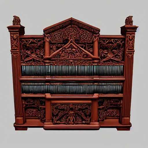 Prompt: pipe organ intricately carved from ancient wood, detailed reference photo, artstation