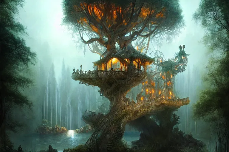 Prompt: treehouse with architecture from antonio gaudi in a deep mystical forest , lampoons, lake, waterfall, tall people walking and discussing, dynamic lighting, art by peter mohrbacher on artstation, mix with rivendell architecture, night mood