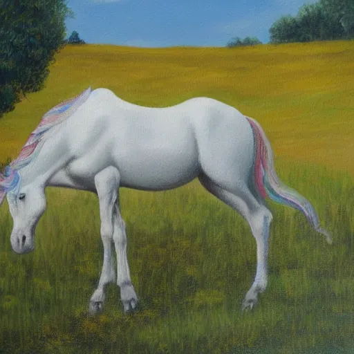 Image similar to Unicorn on meadow, oil painting