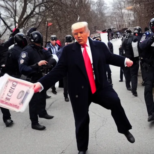 Image similar to donald trump holding bags of money, running from the police