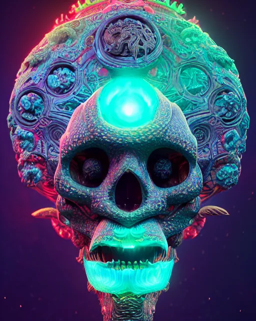 Image similar to 3 d ornate carved dark cosmic king with profile portrait, sigma 5 0 0 mm f / 5. beautiful intricate highly detailed quetzalcoatl skull. bioluminescent, plasma, lava, ice, water, wind, creature, thunderstorm! artwork by tooth wu and wlop and beeple and greg rutkowski, 8 k trending on artstation