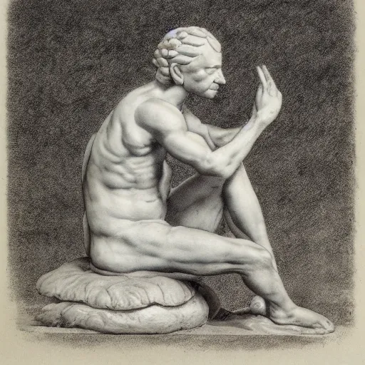 Image similar to botanical sketch, The thinker sculpture, in the style of William Bartram with mushrooms and peyote at the base, high detail, b&w,