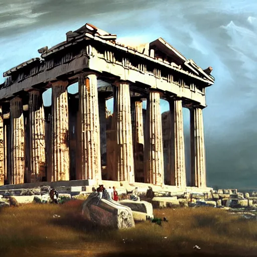 Image similar to the Parthenon with attached wings, flapping, oil on canvas, portrait, intricate, 8k highly professionally detailed, HDR, CGsociety