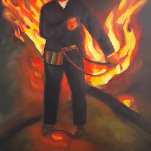 Image similar to a man controlling fire, oil painting