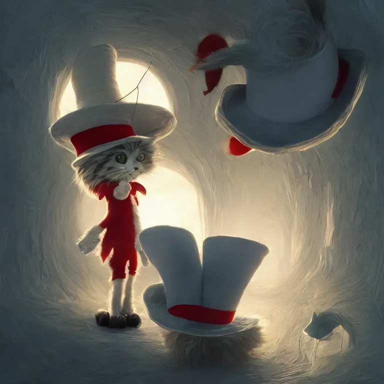 Image similar to complex 3 d render, hyper detailed, ultra sharp, of the cat in the hat, scary, cinematic, natural soft light, rim light, art by greg rutkowski and artgerm and moebius, dr seuss