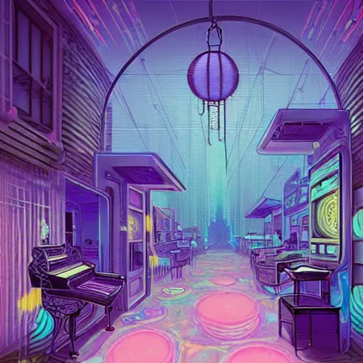 Prompt: discord room dream - 4 7, the experience of chrysalism in a cosy cluttered french sci - fi ( art nouveau ) cyberpunk street in a pastel dreamstate art cinema style. ( terrarium, computer screens, window ( street ), leds, lamp, ( ( ( piano ) ) ) ), ambient light.