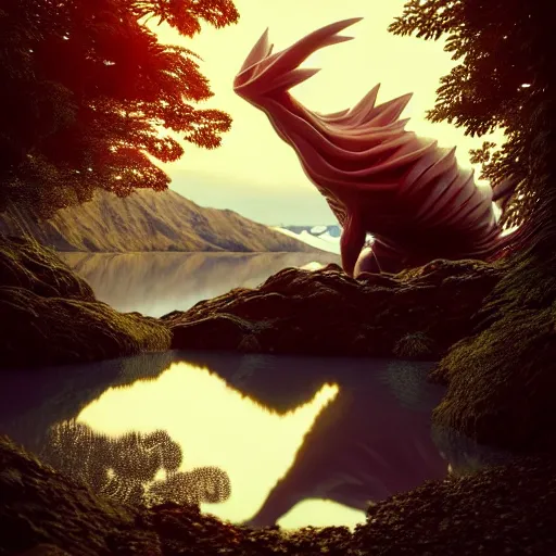 Image similar to ( ( pokemon ) ) creature creature in alaska, backlit, water reflection, warm tones : : by michal karcz, daniel merriam, victo ngai and guillermo del toro : : ornate, dynamic, particulate, intricate, elegant, highly detailed, centered, artstation, smooth, sharp focus, octane render, 3 d