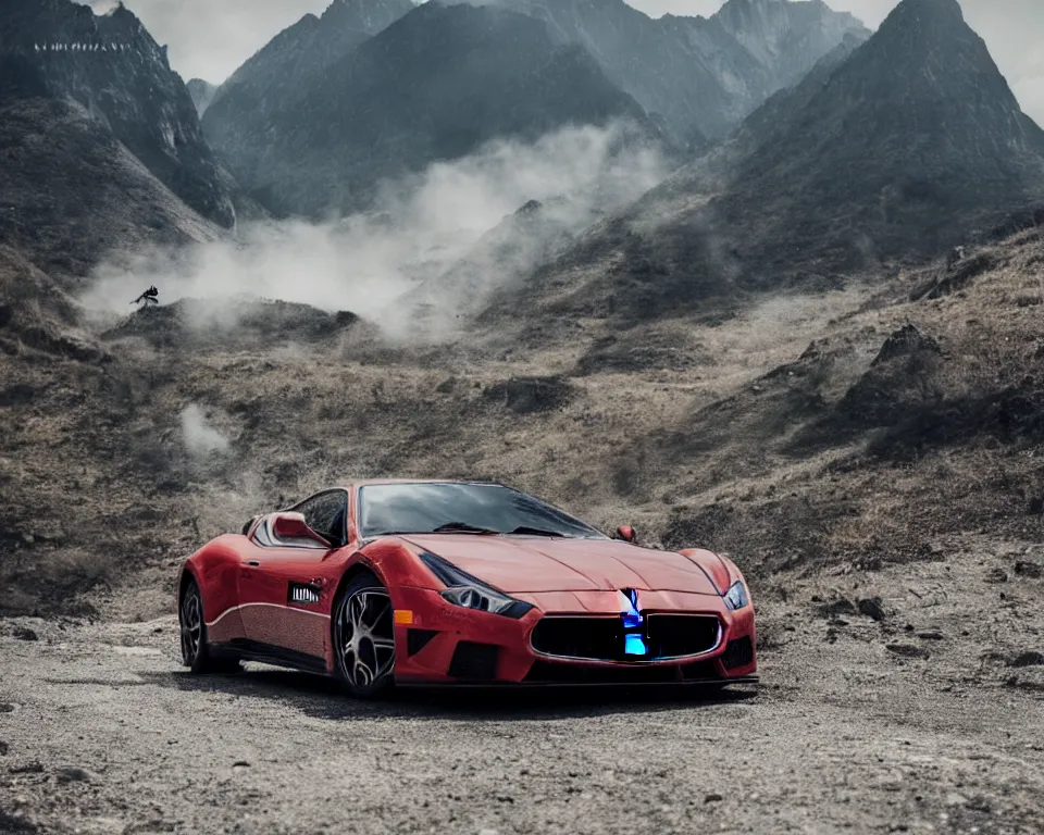 Prompt: maserati drifting in mountains with lamborghini indian police car chasing, cinematic, photography by alexey kurylev, need for speed, movie, ultra detailed