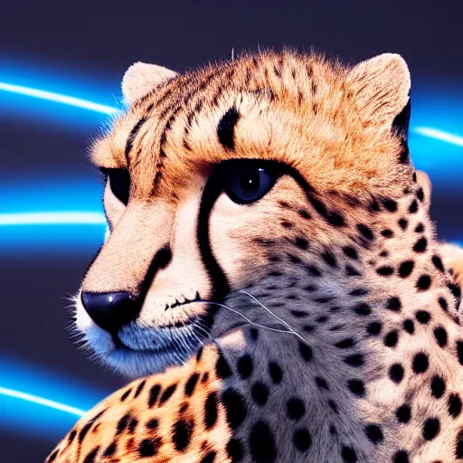 Prompt: a cheetahs head, front view, cyber punk, 4 k, ultra realistic, octane rendering