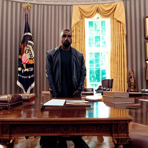 Image similar to photo of kanye west in the oval office, white house, movie still, cinematic, 8 k, unreal engine, 3 d render