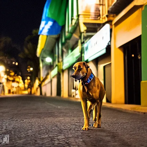 Prompt: beautiful night telephoto of stray, Stray caramel dog and a green and yellow flag in the streets of Brazil | Rhodesian Ridgeback | photo, dslr, nikon lens, night time photography