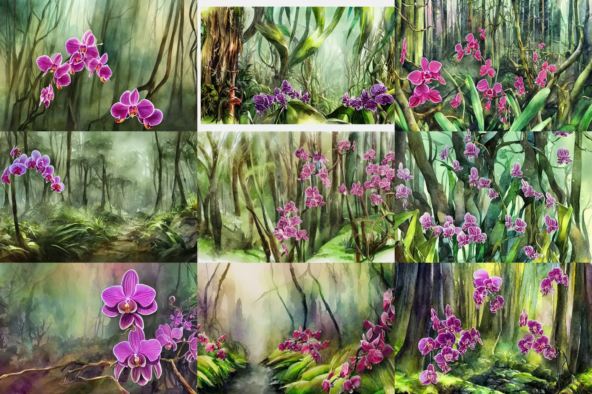Prompt: orchid forest, high quality watercolors, award winning, trending on artstation