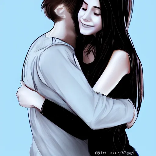 Prompt: A beautiful girl hugs her boyfriend, digital art, artstation