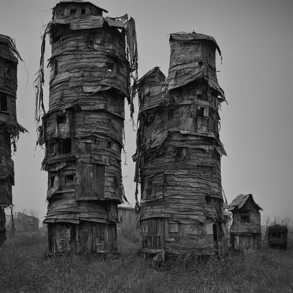 Image similar to two round towers, made up of makeshift squatter shacks, misty, dystopia, mamiya rb 6 7, fully frontal view, very detailed, photographed by ansel adams