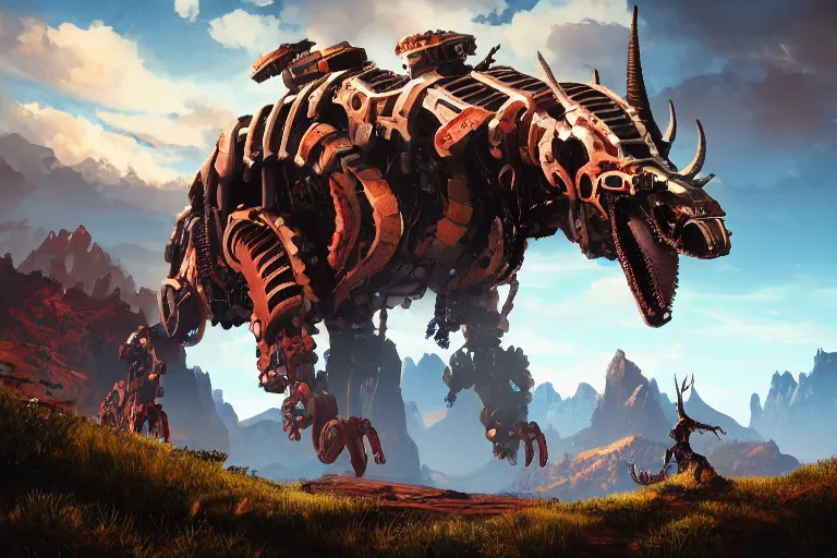 Image similar to grimhorn fanghorn machine mecanical creature robot of horizon forbidden west horizon zero dawn bioluminiscence global illumination ray tracing hdr fanart arstation by ian pesty and alena aenami artworks in 4 k