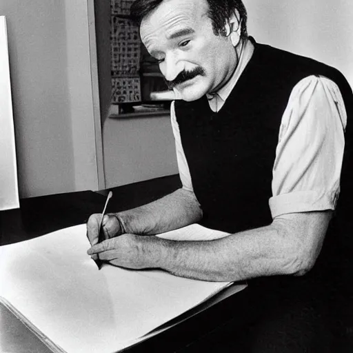 Prompt: Robin Williams printing papers by Salvador Dali